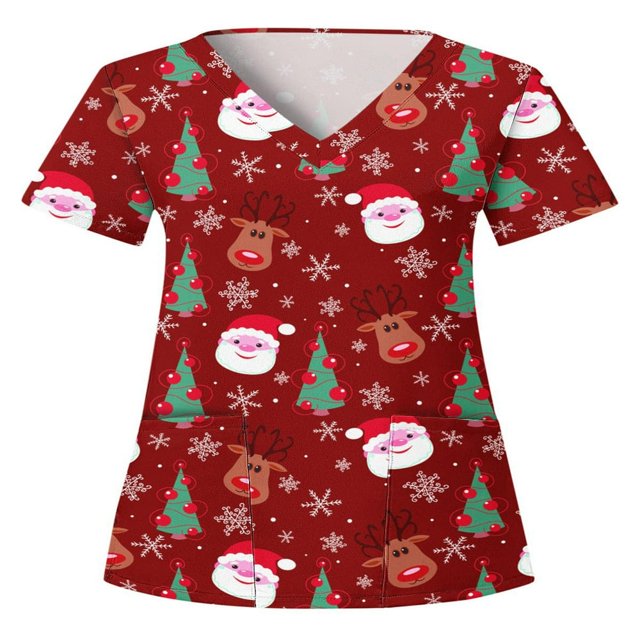 Hauts Style Infirmière à Imprimé Renne pour Femmes T-shirt de Noël