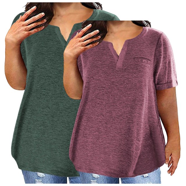 Timegard Hauts d'Été pour Femmes 2 Pcs Grande Taille Manches Courtes Col en V Échancré Tunique Confortable Chic Décontracté