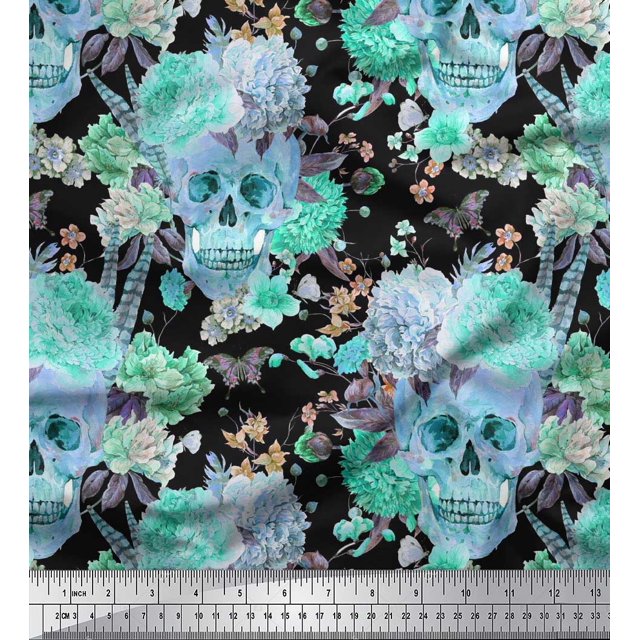 Soimoi Green Poly Georgette Fabric Insect,Skull & Flower Printed Craft Fabric by The Yard 52 Inch Wide