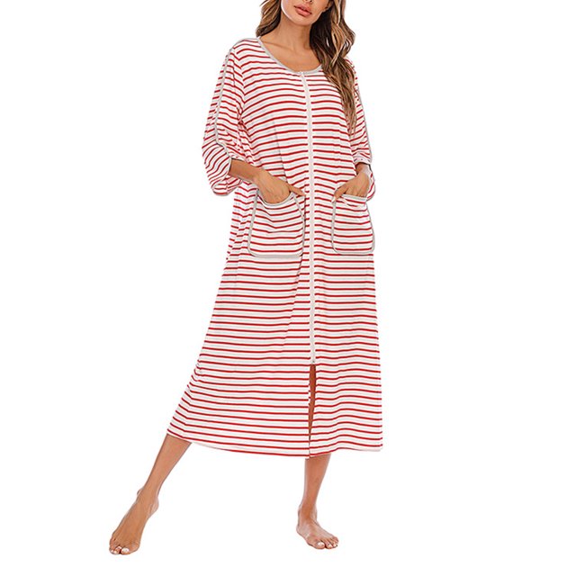 Faithtur Robe de Nuit d'Été pour Femme Grande Taille à Rayures Col Rond Fermeture Éclair Jupe de Sommeil