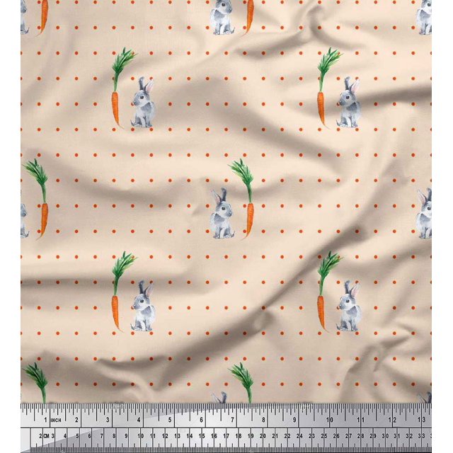 Soimoi Cotton Duck Fabric Carrot & Rabbit Dots Printed Craft Fabric by the Yard 56 Inch Wide