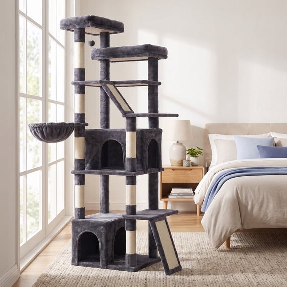 LEDREM Cat Tree Multi-Level Tower with Sisal Scratching Posts for Large Cats 21.6 x 17.7 x 72.6 Inches Grey