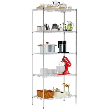 Large Wire Shelving Unit 5-Tier Metal Storage Shelves Heavy Duty Garage Shelving Adjustable Storage Shelf Rack with Leveling Feet for Home Kitchen Garage, measuring 14 inches deep, 23.8 inches wide, and 60 inches high in a chrome finish. The shelving unit features five adjustable wire shelves, each capable of holding up to 100 lbs, for a total weight capacity of 500 lbs. The image shows the shelving unit fully assembled and stocked with various household items, including kitchen appliances, dishes, and decorative items, demonstrating its versatility for home, kitchen, or garage use.