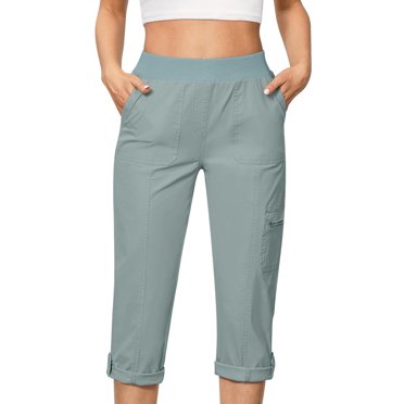 Bocqde Dressy Capri Cargo Pants for Women Fashion Solid Casual Elastic High Waisted Straight Leg Joggers Lightweight Loose Outdoor Hiking Capris with Multi Pockets