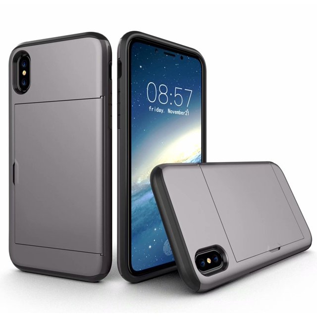 iPhoneXS MAX Case Hybrid Rugged Hard Back Cover with ID Credit Card Slot Holder Wallet Case for Apple iPhoneXS MAX - Grey