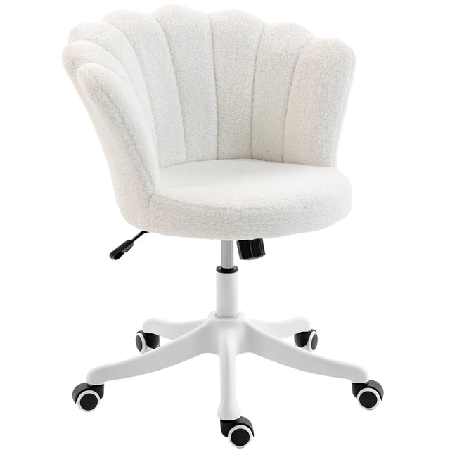 HOMCOM Office Chair, Swivel Desk Chair with Adjustable Height and Backrest in cream white. Features a lotus-inspired petal-shaped backrest with plush teddy fleece upholstery and high-density foam for comfort. Includes adjustable seat height from 18.9 to 22.8 inches, tilt function for rocking, 360-degree swivel, and smooth PU casters. Armless design for easy storage under desks. Dimensions: 27.2 inches wide, 25.2 inches deep, and 31.5 to 35.4 inches high. Weight capacity: 265 lbs.