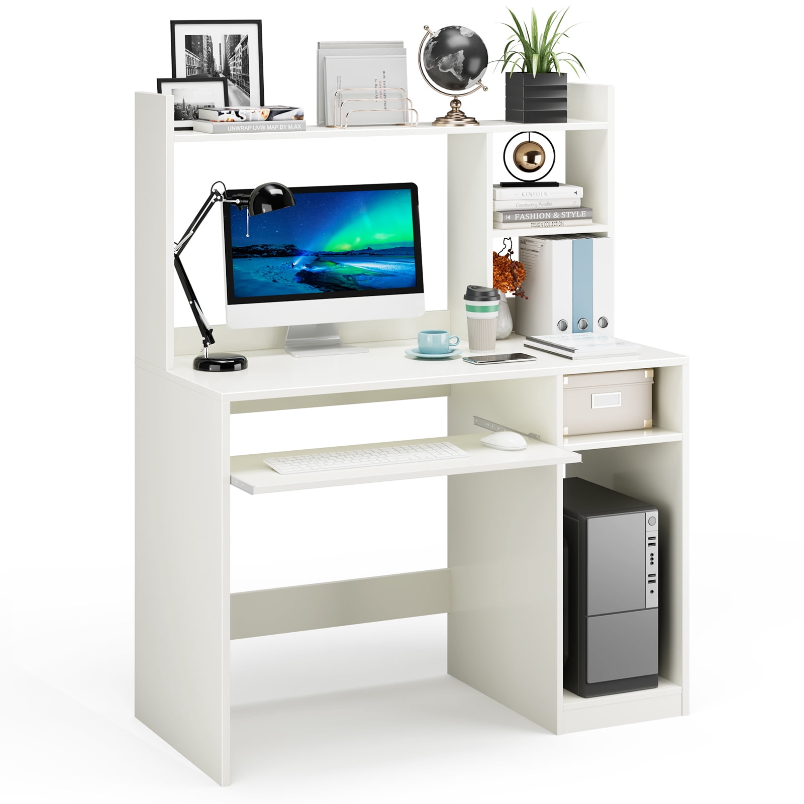 Patiojoy Computer Desk with Storage Shelf Wooden Writing Desk w/ Hutch Office Desk with CPU Stand & Keyboard Tray