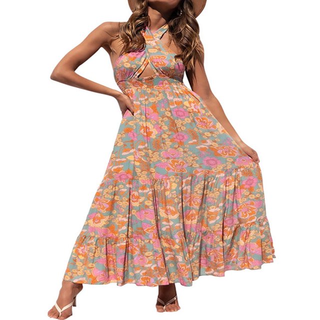 Femmes Été Crossover Licol Cou Sans Manches Plaid Coupé Dos Flowy une Ligne Maxi Robe Rose XL