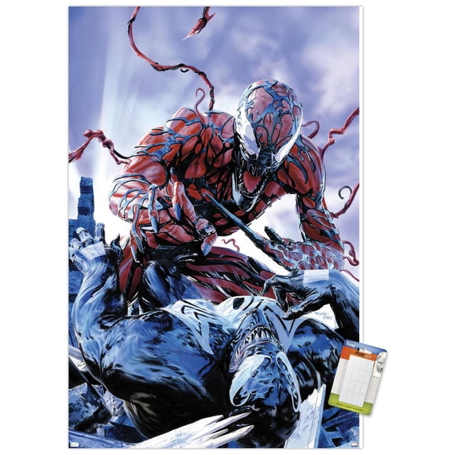Marvel Comics - Carnage - Affiche Murale Battle with Venom, 14,725 Pouces x 22,375 Pouces Représentant Carnage, un symbiote Rouge et Noir avec des Vrilles, Attaquant Agressivement Venom, un symbiote Musculaire Noir et Blanc, contre un Ciel Nuageux. Imprimée sur Papier d'Affiche Lustré, Cette Oeuvre Murale à Haute Résolution Convient aux Chambres, Bureaux Ou Dortoirs et Peut Être Encadrée Ou Montée avec des Pinces Ou des Épingles.