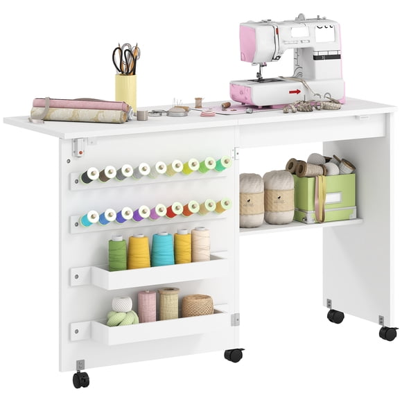 HOMCOM Folding Sewing Table, Rolling Craft Table with Storage, White