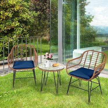 Gymax 3PCS Rattan Patio Conversation Set Bistro Chat Set w/ Navy Cushions