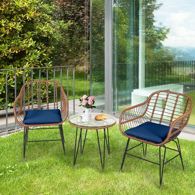 Gymax 3PCS Rattan Patio Conversation Set Bistro Chat Set w/ Navy Cushions