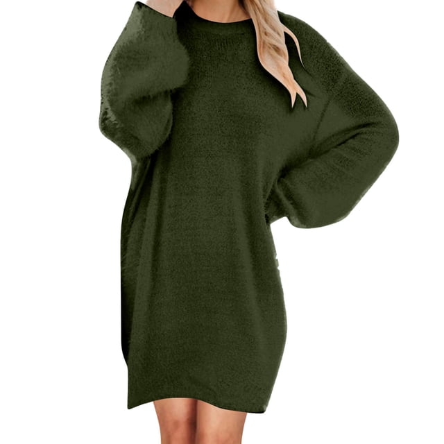 Robe Chandail pour Femmes 2025 Longueur Moyenne à Manches Longues Col Rond Décontractée Ample Robe en Peluche Robe Chandail Surdimensionnée Automne Hiver Ample Décontractée Douce Chandail