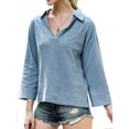 thumbnail image 3 of Women Pocket Long Sleeve Stand Collar V Neck Solid Color Shirt, 3 of 7