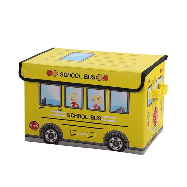 Automobile Storage Box Foldable Clothing Integral Box Non-Woven Film Covered Toy Sundry Storage Box. A yellow, school bus-themed foldable storage box with a lid closure, featuring cartoon illustrations of children on the sides. Made of non-woven material, it includes two sturdy handles for easy transport and measures approximately 38cm long x 25cm wide x 25cm high. Suitable for organizing toys, books, clothes, and other household items. Designed for use in kids' rooms, nurseries, or closets, and can be folded flat for compact storage.