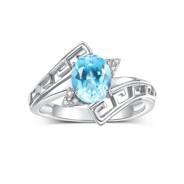 RYLOS Rings for Women Sterling Silver Greek Key Designer Ring 9X7MM Gemstone & Diamond Ring December Blue Topaz Jewelry Size 5