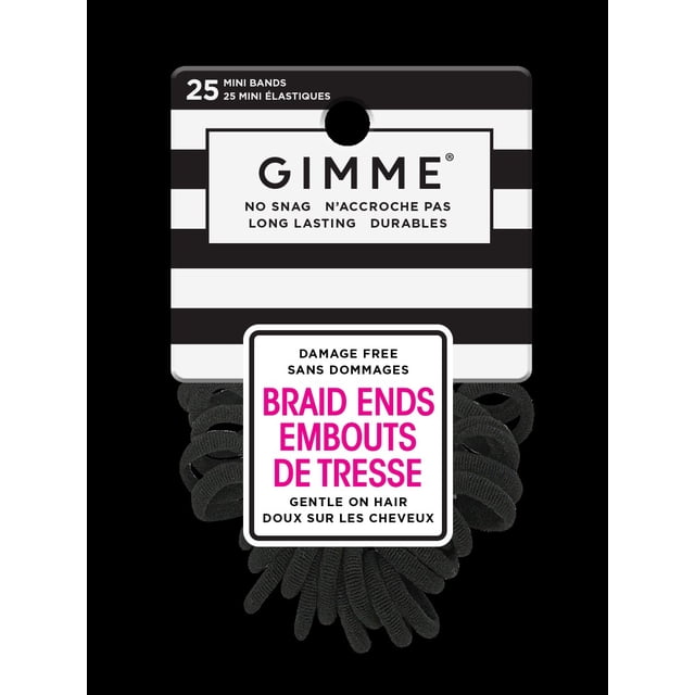 Gimme Hair Ties, Black Braid Ends, 25 Ct, a pack of 25 black seamless mini elastic bands designed to gently secure braid ends without snagging or damaging hair, featuring a slim, durable design ideal for adults and teens, also suitable for securing delicate hairstyles.