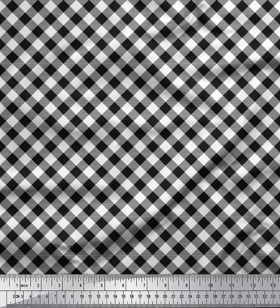 Soimoi White Cotton Duck Fabric Diagonal Check Printed Fabric 1 Yard 56 Inch Wide