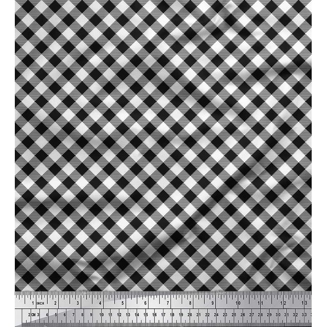 Soimoi White polyester Crepe Fabric Diagonal Check Print Sewing Fabric Yard 52 Inch Wide