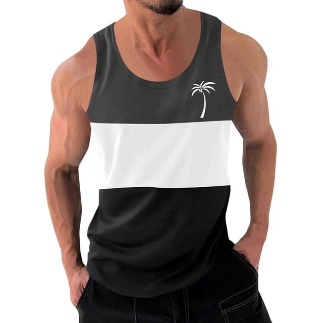 LOVZFMLL Tank Tops for Men Casual Fashion Patchwork Print Pullover Round Neck Sports Tank