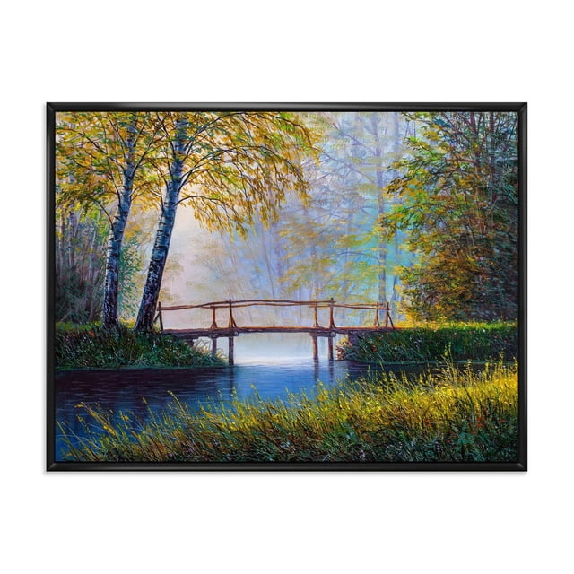 Designart Morning Sunlight and The Awakening Spring Forest FLOAT FRAME WALL ART featuring a framed canvas print of a tranquil spring forest landscape with a wooden footbridge over a reflective river, birch trees with yellow-green leaves on the left, dense green foliage on the right, and soft morning sunlight filtering through mist, printed on premium cotton canvas with a black floating frame, ready to hang. It is also suitable for enhancing calm, nature-inspired décor in living spaces.