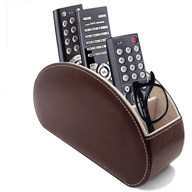 Remote Control Holder Organizer Table Desk Leather Control Storage TV Remote Control Organizer with 5 Spacious Compartments (Dark Brown with Beige Lining)