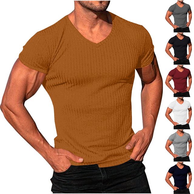 Haut Décontracté pour Homme à Manches Courtes, Mode, Couleur Unie, Ajusté, Col en V, Manches Courtes