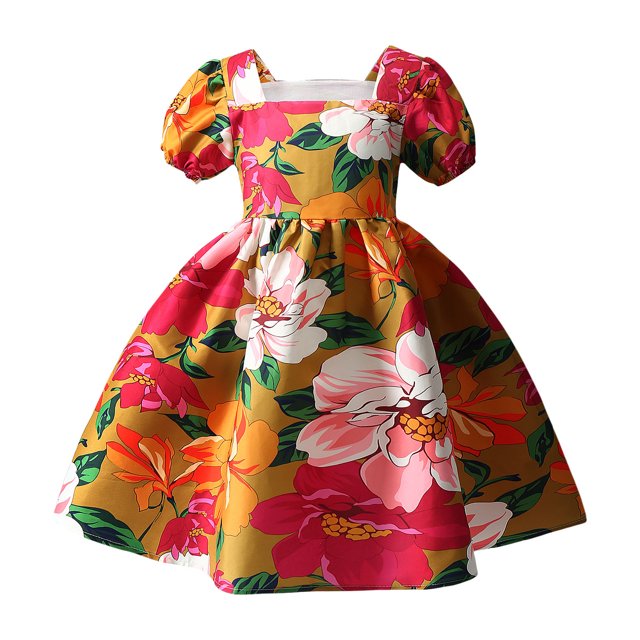 Pisexur Robe d'Été pour Fille à Volants, Robe Princesse à Fleurs, Manches Volantées, Extensible, Ligne A, Tournoyante, Robe de Fête avec Poches pour Enfants de 1 à 6 Ans