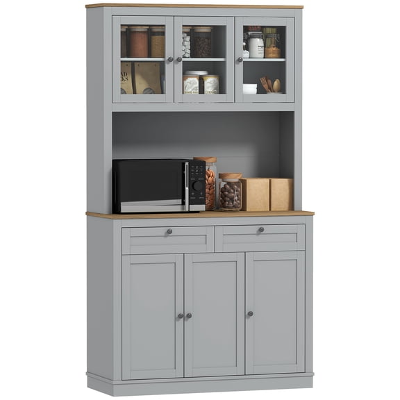 HOMCOM 71" Pantry Cabinet w/ Microwave Space Buffet w/ Hutch Grey