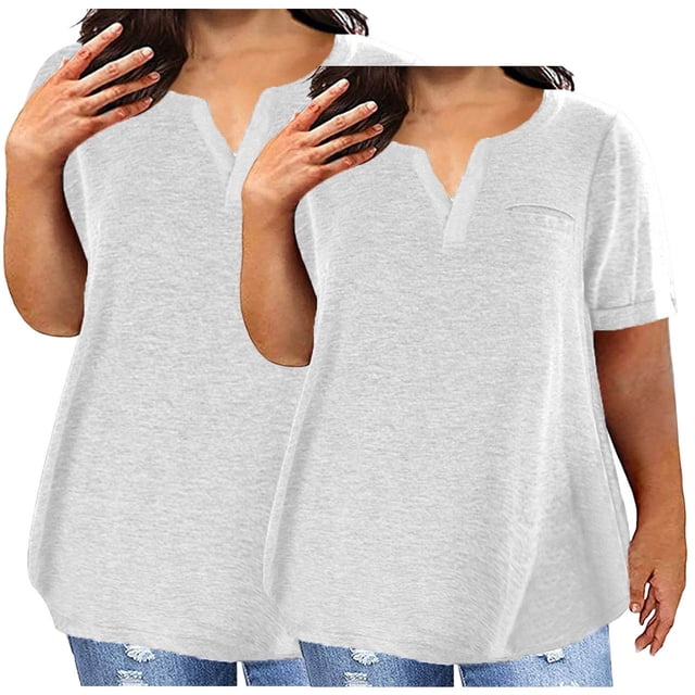 Plebaso 2 Pack Hauts Grande Taille pour Femmes Col en V Manches Courtes Tee Tops Blouses Décontractées Confortables pour Femmes