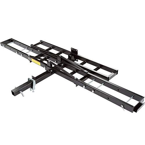 Black Widow MCC-500 Steel Motorcycle Carrier with a 500 lb. capacity, designed for Class III or IV 2-inch hitches. Made from durable black powder-coated 14-gauge steel, it features a grit-coated track and ramp for traction, an anti-rattle device for secure transport, and a self-storing ramp that attaches to either side for easy loading. The carrier includes a 5/8-inch hitch pin, adjustable wheel chock, and supports wheels up to 5 inches wide. Dimensions are 75.75 x 6.88 x 10 inches, with a ramp measuring 45.5 x 7 inches.