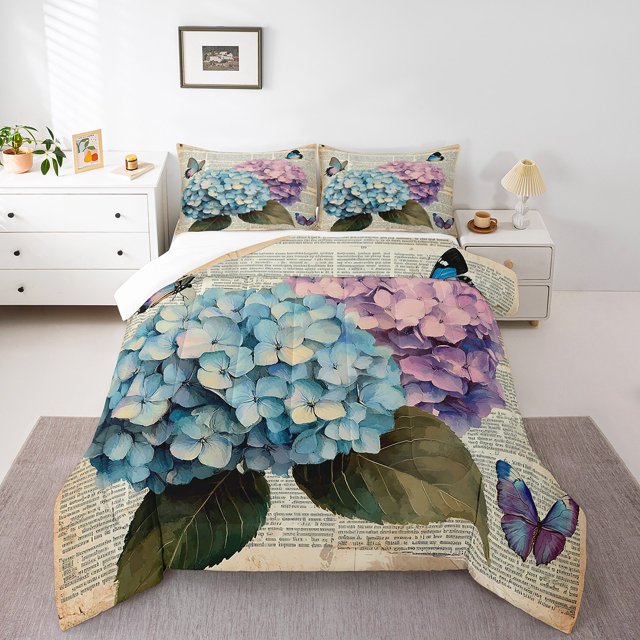 Ensemble de Douillette Papillon Coloré Bleu Violet Hortensia Literie Très Grand pour Filles Garçons Enfants Rustique Ferme Floral Literie Ensembles de Douillette Imprimé Papillon de Rêve Couette Insert Style Romantique Courtepointe