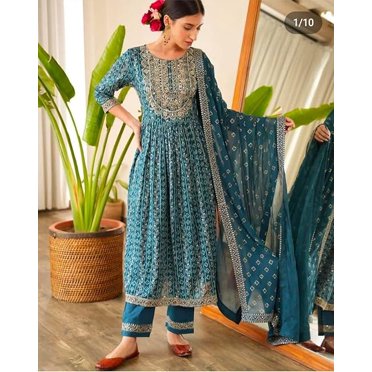 Aizza Trends Ensemble Kurti Pantalon et Dupatta pour Femmes en Coton Fébric Broderie de Travail Coupe Nayra