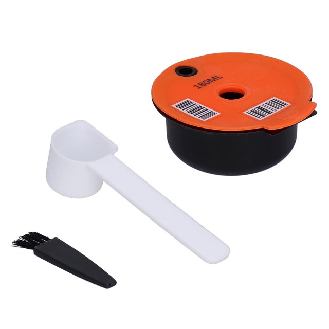 LAFGUR Filtre à Café durable pour machines à Café Tassimo Tas, Doté d'Un Couvercle orange avec une Capacité de 180 ml, d'Une base Noire et d'Un Filtre en Maille. Comprend une Cuillère Blanche et une Brosse Noire pour un Remplissage et un Nettoyage Faciles. Fabriqué en PP, Acier Inoxydable 304, silicone et Plastique pour la Résistance à la Chaleur et la Durabilité. un Accessoire à Café Réutilisable Adapté à un Usage Domestique.