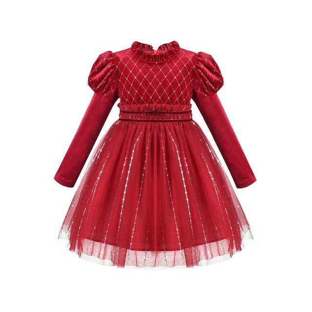 Robe Fille Rouge Strass Volant Col Montant Manches Bouffantes Fête de Noël 5 Ans