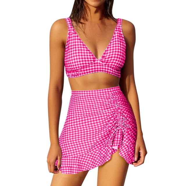Kyusrd Maillots de Bain avec Jupe Deux Pièces Maillots de Bain Maillots de Bain Femmes à Carreaux Deux Pièces Maillots de Bain Bandage Maillots de Bain Col Rond Dos Nu