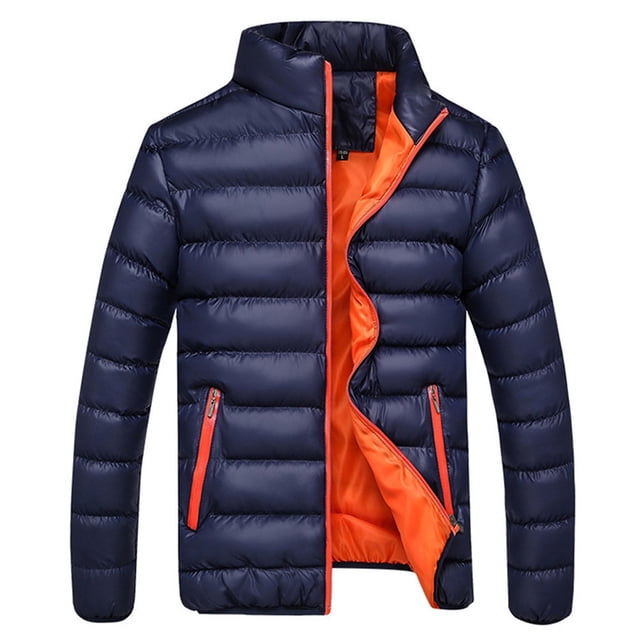 Pisexur Men's Puffer Jacket Packable Down Jacket Lightweight Puffer Jacket Hooded Winter Jacket in navy blue with orange inner lining. Features a stand collar, long sleeves, zippered front closure, and bubble coat design. Ideal for casual winter wear and versatile outerwear for various occasions.