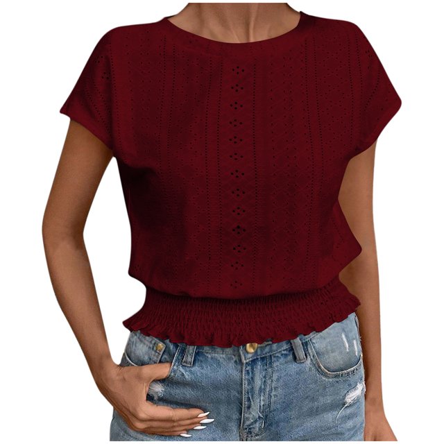 Pisexur Hauts d'Été pour Femmes, Hauts pour Femmes, Mode Printemps/été Décontractée Ample Col Rond Manches Courtes Hauts pour Dames Vin, 2TG