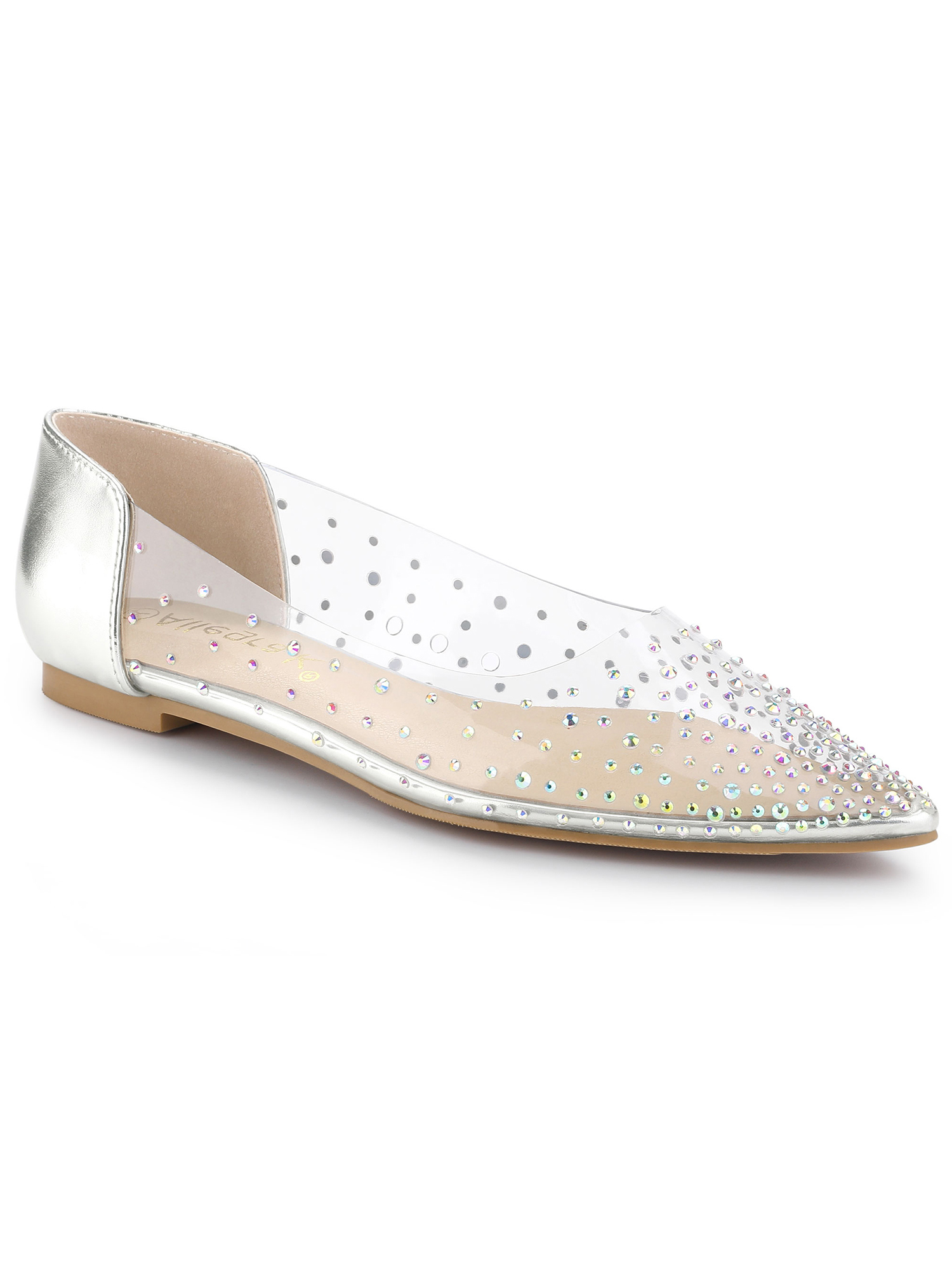 BLISSFUL STEP Women's Shoes Rhinestone Clear Pointed Toe Slip On Ballet Flats Silver 6