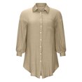 thumbnail image 4 of Robe Chemise Mini d'Été Unie à Manches Longues pour Femme, Col à Revers, Simple Boutonnage, Décontractée, Ample, Blouse, Robe Courte pour Femme, 4 of 7