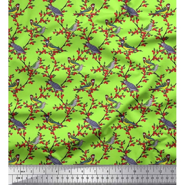 Soimoi Poly Georgette Fabric Leaves,Red Berries & Parrot Bird Fabric Prints By Yard 52 Inch Wide