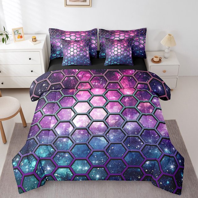 Erosebridal Literie Galaxie de Rêve Format Double, Ensemble de Lit Géométrique à Carreaux Format Double, Déco de Chambre à Imprimé Paillettes, Réversible
