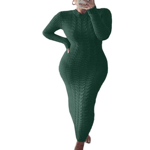 Women Long Sleeve Knitted Dress Crochet Pattern Solid Ribbed Casual Dress