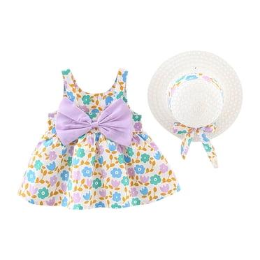 Économies d'Été! PEZHADA Robe à Fleurs pour Tout-Petite Fille, Robe d'Été pour Bébé Fille avec Décoration Nœud, Imprimé Floral, Robe à Bretelles avec Chapeau Violet 18-24 Mois