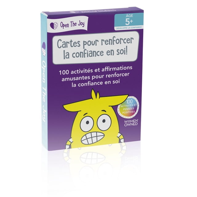 Confidence Building Cards! - French version box with purple and light blue design, featuring a cartoon yellow character with wide eyes and a toothy grin, containing 100 positive affirmations and fun activities to boost self-confidence in children aged 5 and up, suitable for French games and promoting positive communication.