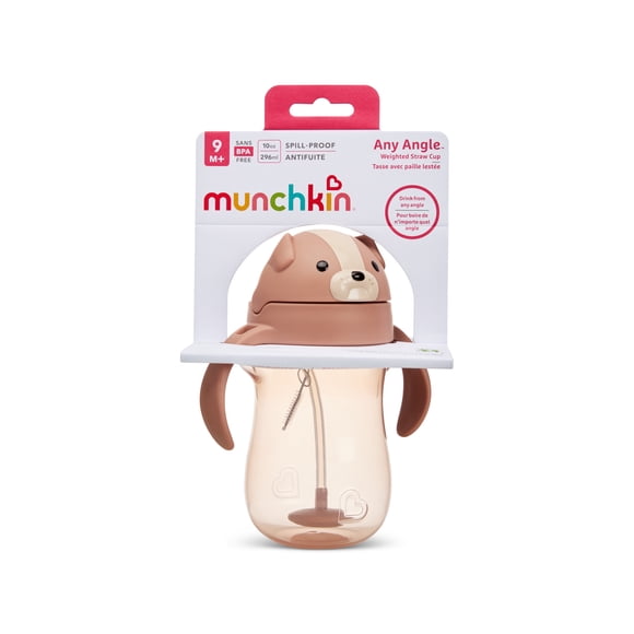 Munchkin Any Angle Spill Proof Weighted Straw Trainer Cup, Transition Sippy Cups for Toddlers and Babies, Click Lock Technology & Fun Dog Design, 10 Ounce, Brown
