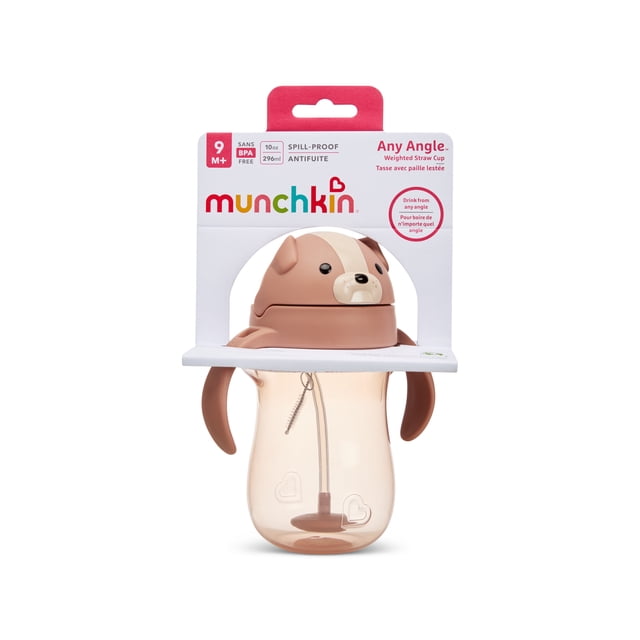 Munchkin Any Angle Spill Proof Weighted Straw Trainer Cup, Transition Sippy Cups for Toddlers and Babies, Click Lock Technology & Fun Dog Design, 10 Ounce, Brown