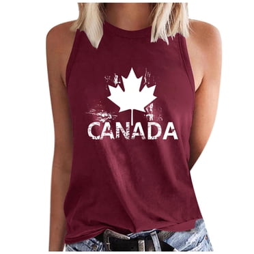 Amzcrzy Camisole pour Femmes Tendance à Imprimé de Feuille d'Érable Camisoles de la Fête du Canada Décontractées à Col Rond Sans Manches Hauts pour Femmes Confortables Camisoles d'Été pour Femmes