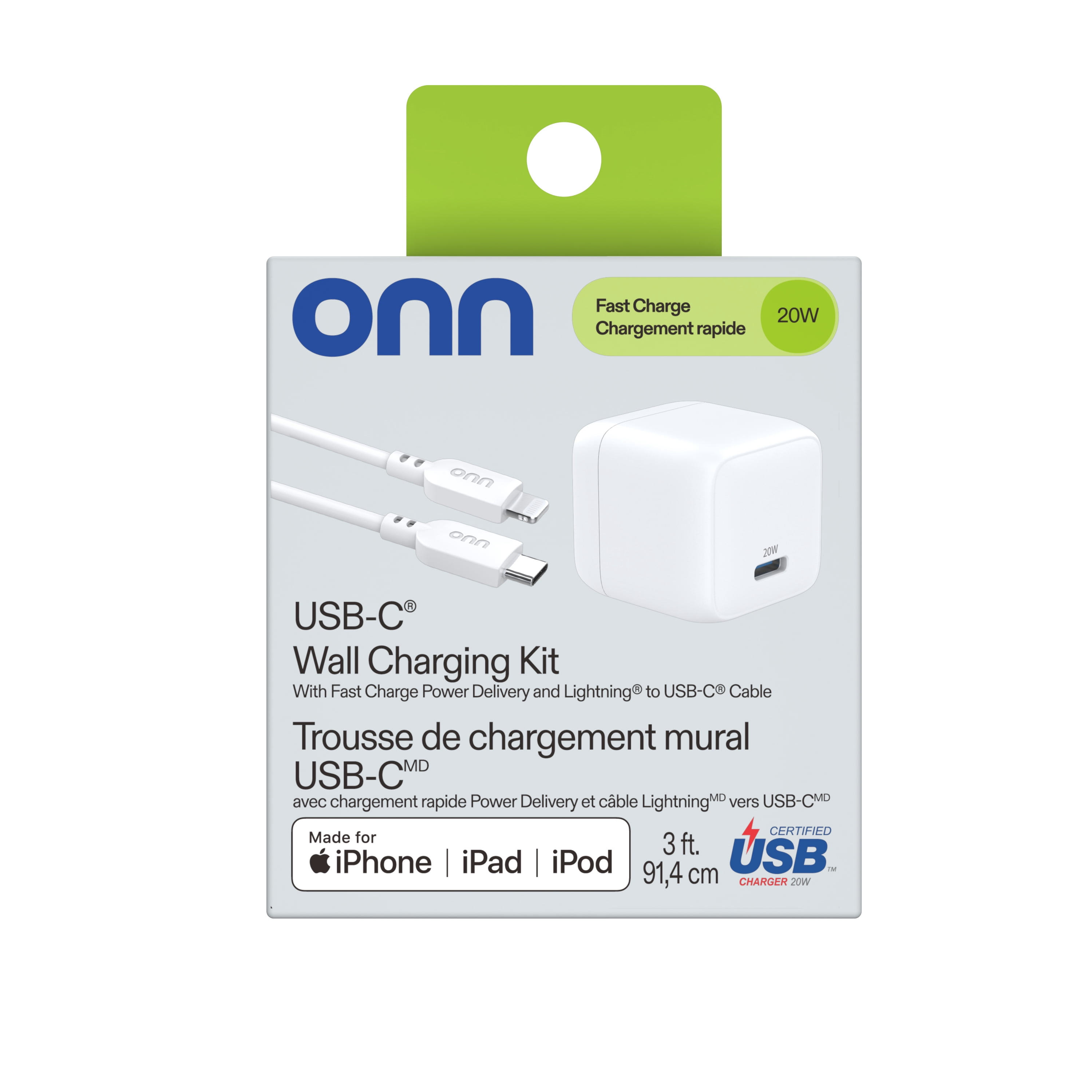 onn 20W Single USB-C Port Wall Charger with 3ft Lighting to C Cable, Fast Charging, MFI & USB-IF Certified, Foldable Plug, White