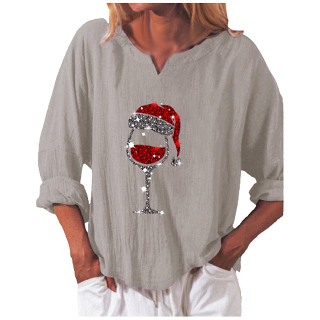 Pompotops Chemise Décontractée en Coton à Manches Longues Imprimée de Noël Col en V pour Femmes